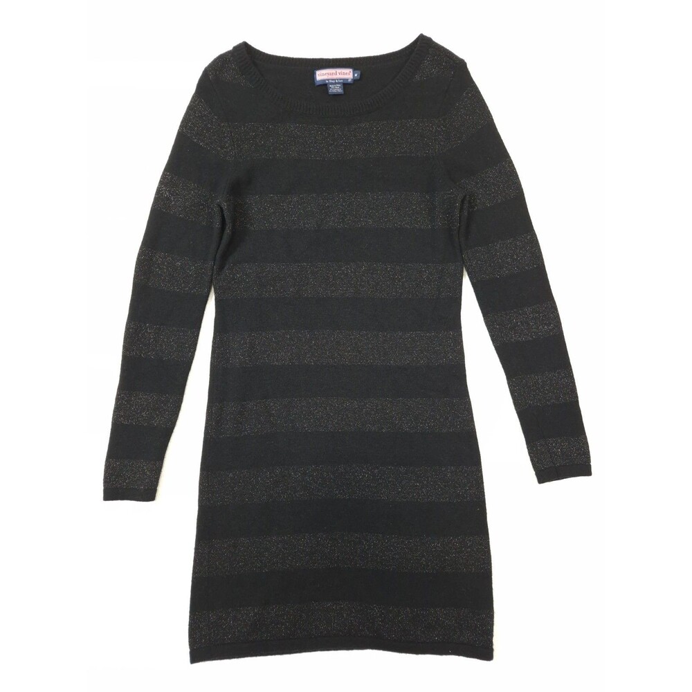 Vineyard Vines Wool Dress M Cashmere Black Striped Glitter Long Sleeve Holiday